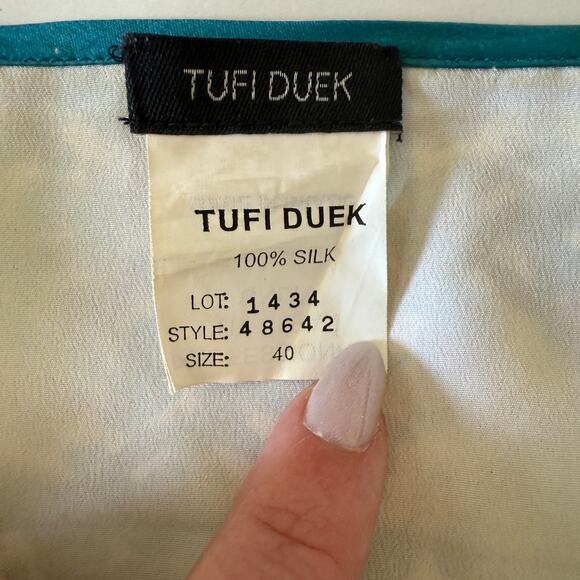 Y2K Vintage TUFI DUEK | Blue Floral Print Silk Empire Waist Dress | Size 6 / 40 - Picture 6 of 7